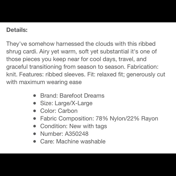 Barefoot Dreams Cozy Chic Lite Ribbed Shrug Cardi - Sz L/Xl - Picture 4 of 7